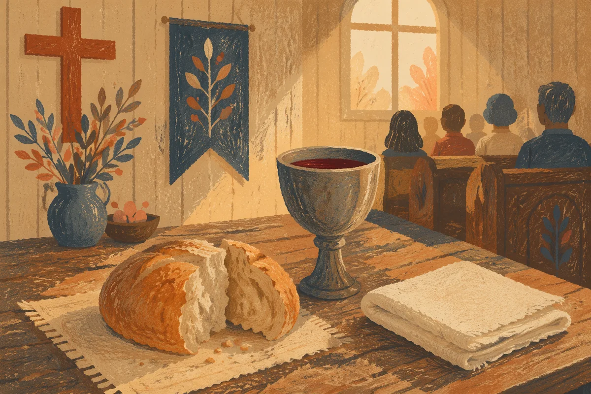Rustic Communion Table with Bread and Chalice