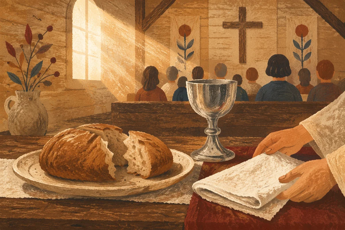 Communion Bread and Chalice in Wooden Chapel