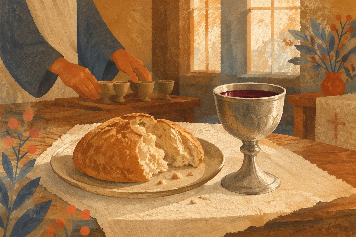 Reverent Communion Table with Bread and Chalice