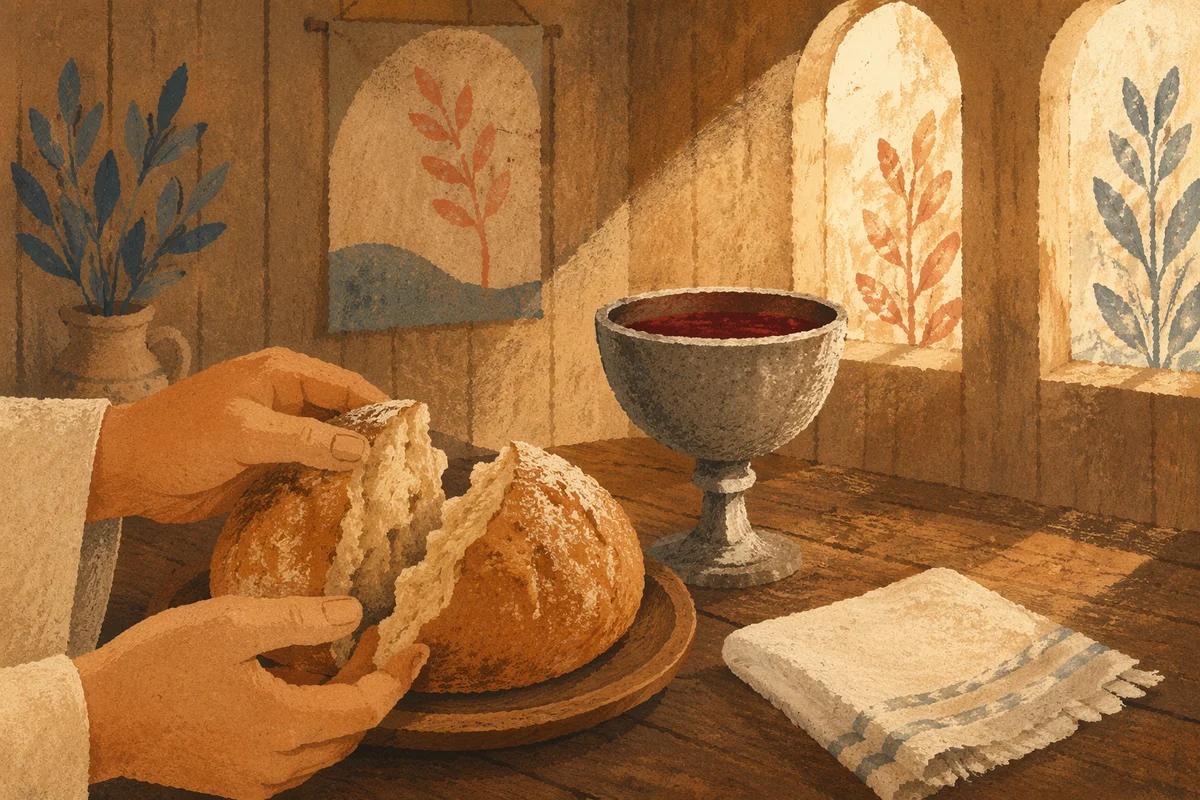 Rustic Communion Table with Bread and Chalice