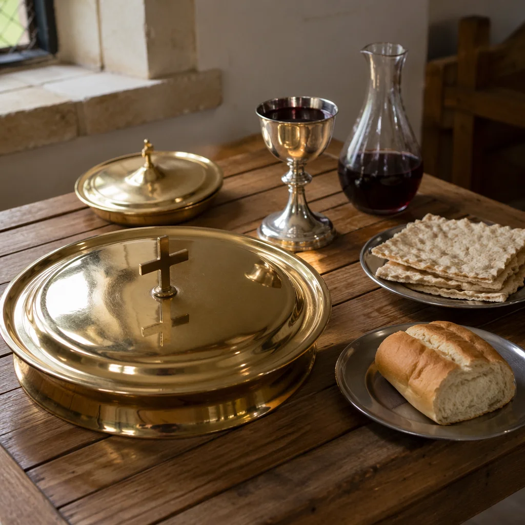 Communion Table with Bread Wine and Chalice