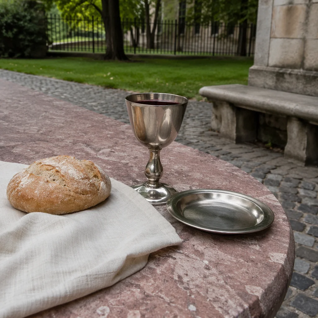 Communion Bread and Chalice in Quiet Courtyard