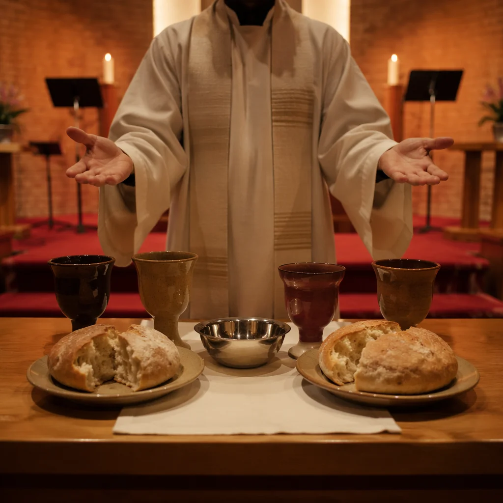 Reverent Communion Table with Bread and Chalices