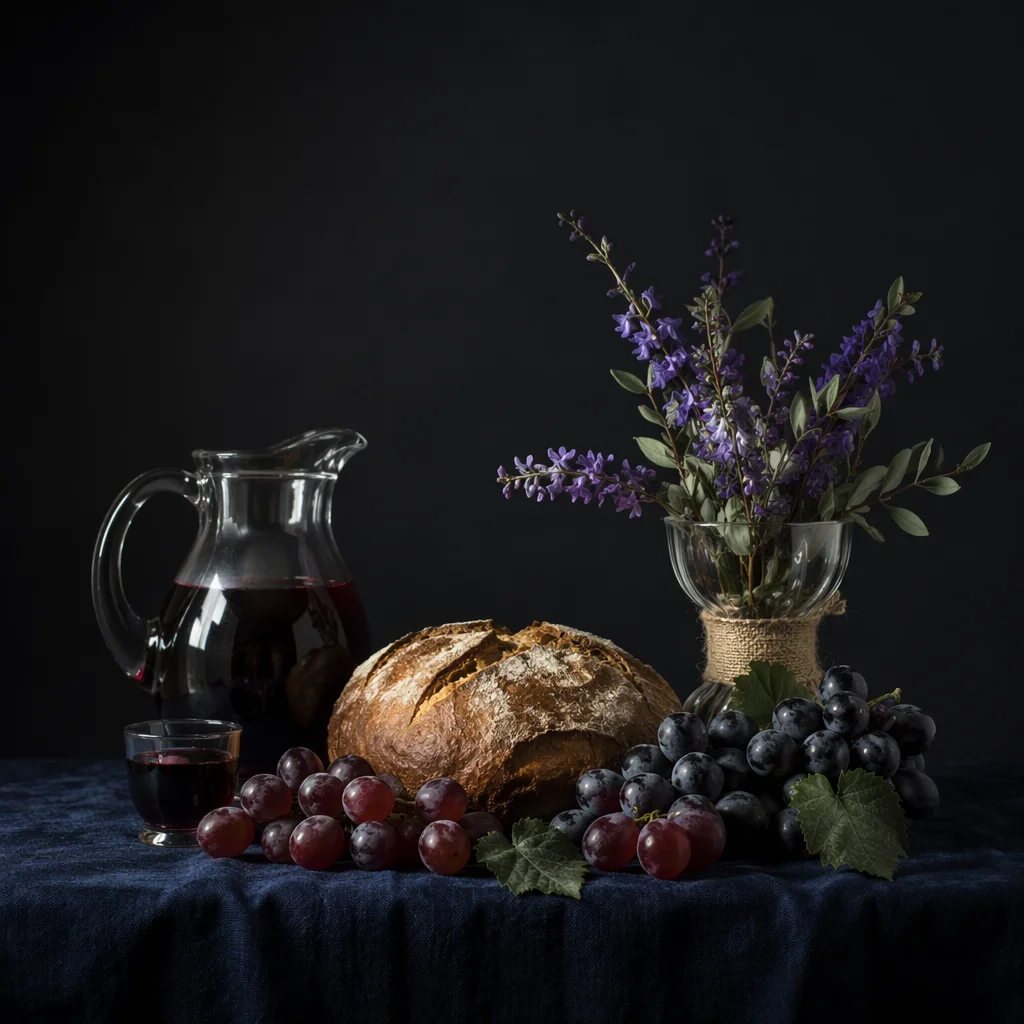 Reverent Communion Table with Bread and Wine