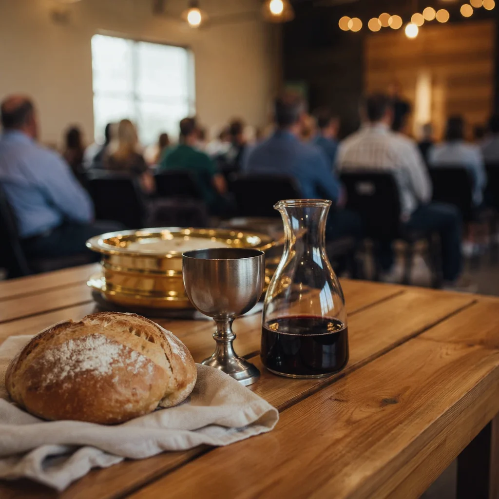 Communion Table with Bread Wine and Chalice