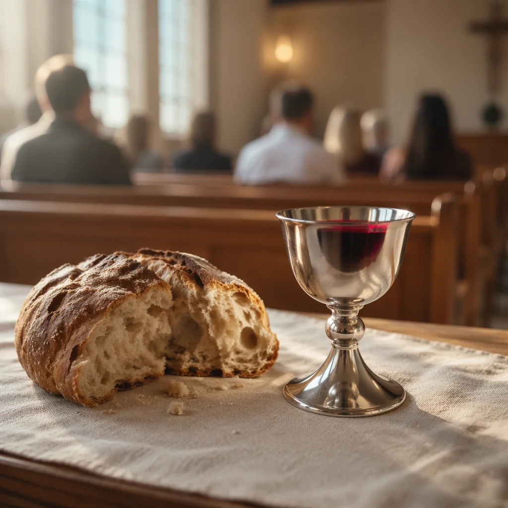 Communion Table Bread and Silver Chalice