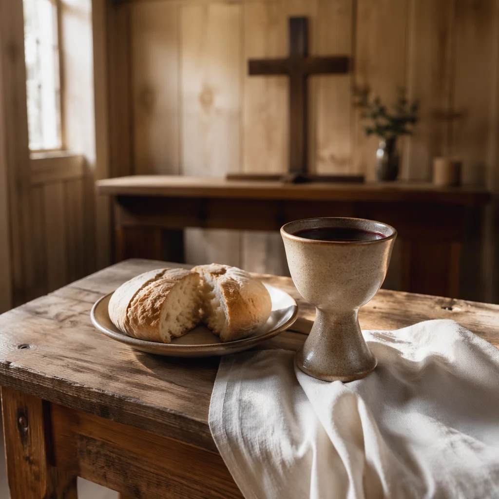 Rustic Communion Table with Bread and Chalice