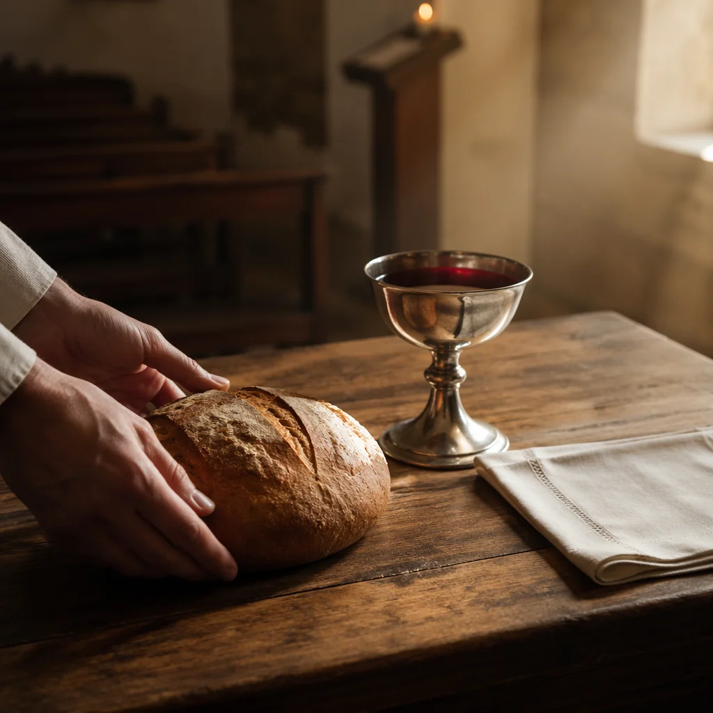 Rustic Communion Table with Bread and Chalice