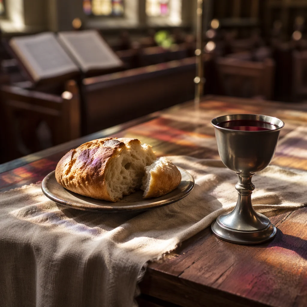 Reverent Communion Table with Bread and Chalice
