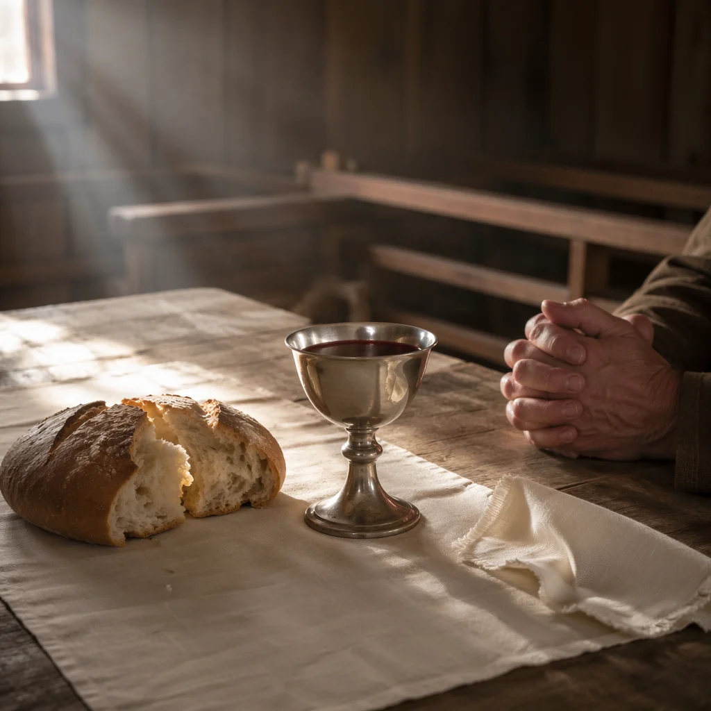Reverent Communion Table with Bread and Chalice