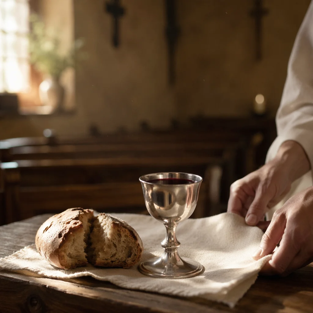 Sacred Communion Table with Bread and Chalice