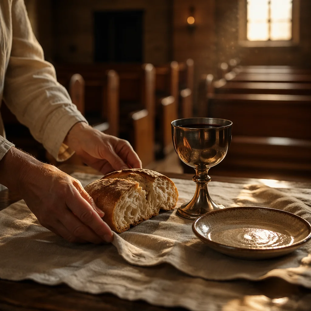 Reverent Communion Table with Bread and Chalice