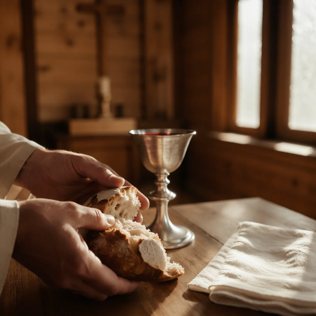Reverent Communion Table with Bread and Chalice