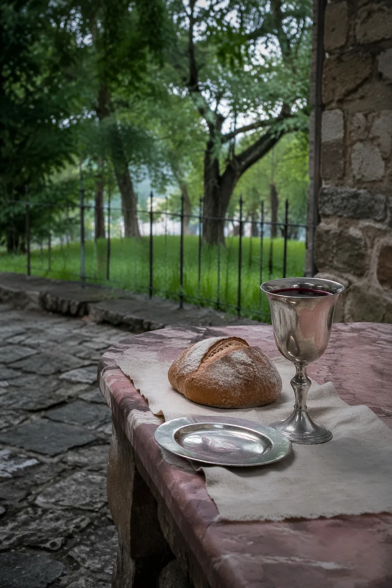 Communion Bread and Chalice in Quiet Courtyard