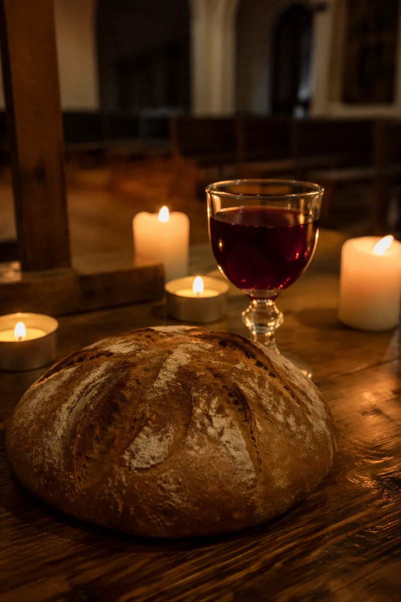 Candlelit Communion Table with Bread and Chalice