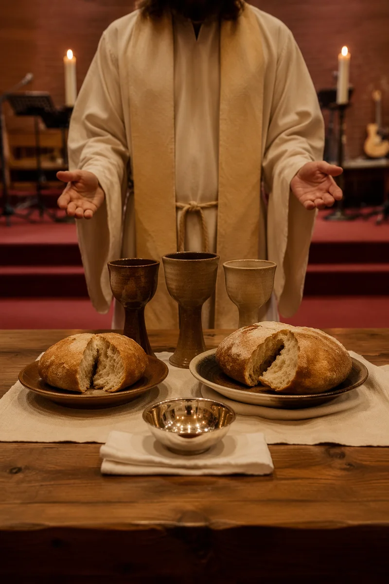 Reverent Communion Table with Bread and Chalices