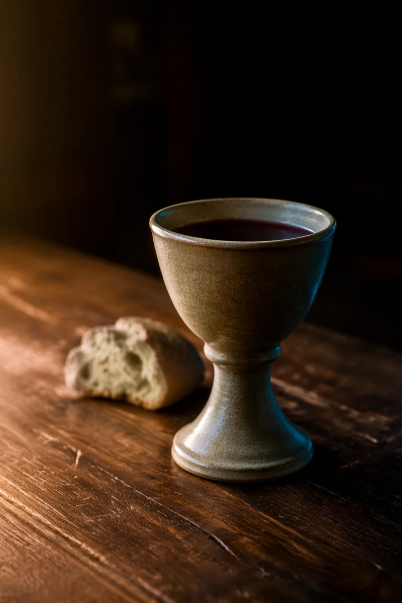 Communion Chalice and Bread on Wooden Table