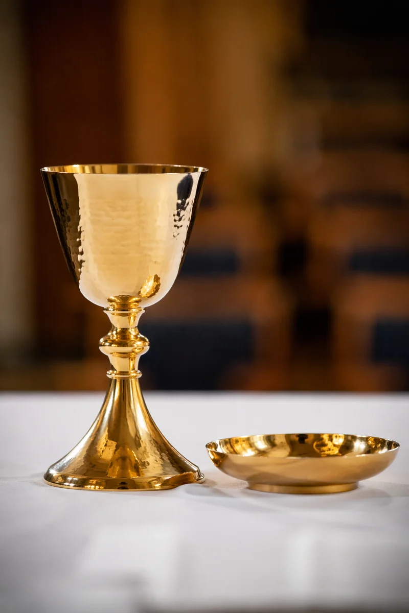 Gold Chalice and Paten on Communion Table