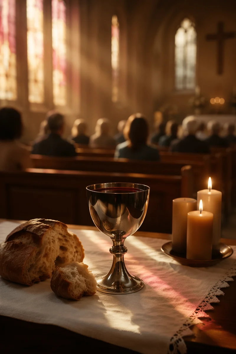 Communion Table with Chalice Bread and Candlelight