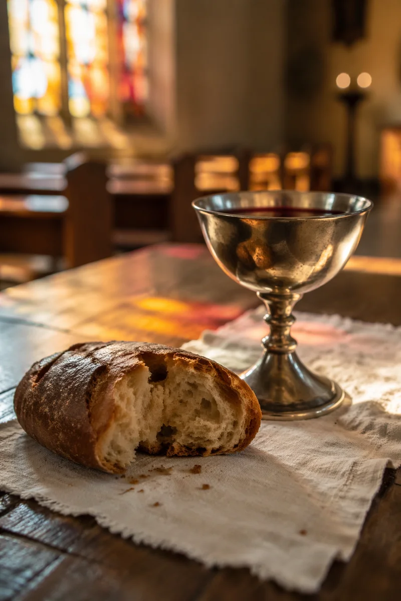 Communion Bread and Chalice in Quiet Chapel