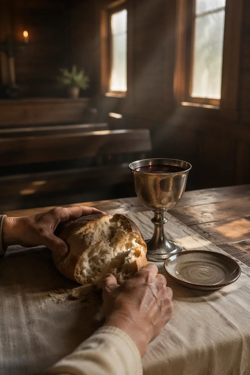 Reverent Communion Table with Bread and Chalice
