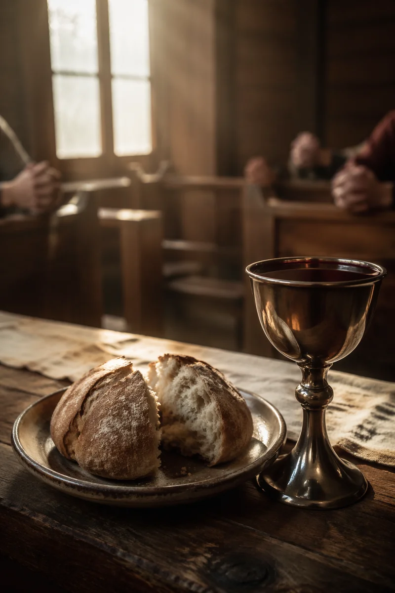 Communion Bread and Chalice in Wooden Chapel
