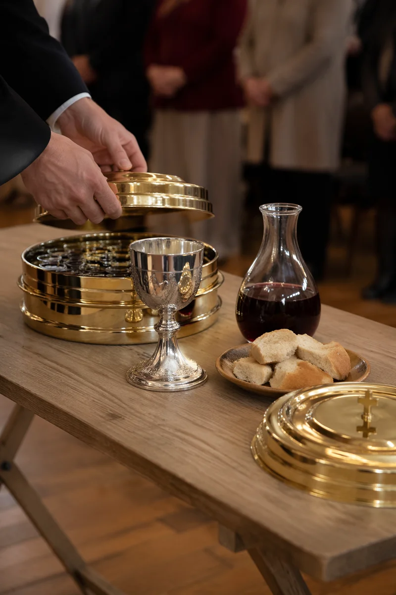 Communion Table with Bread Wine and Chalice