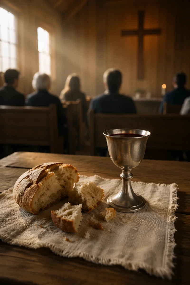 Rustic Communion Table with Bread and Chalice