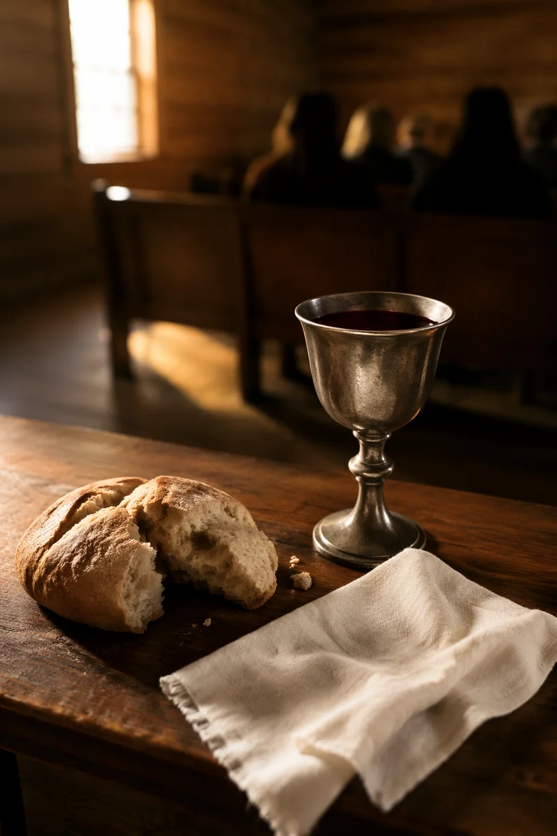 Reverent Communion Table with Bread and Chalice