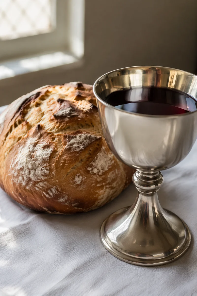 Communion Chalice and Bread on White Linen