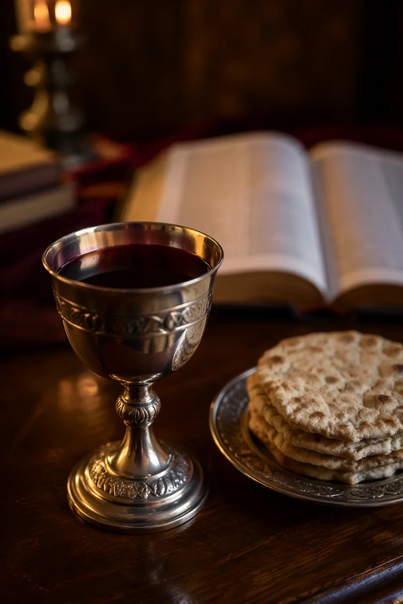 Communion Chalice and Bread in Candlelight
