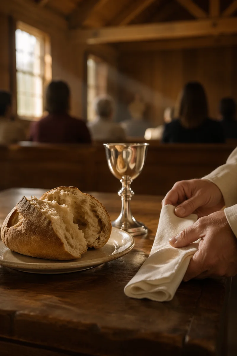 Communion Bread and Chalice in Wooden Chapel
