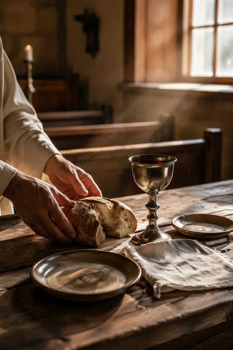 Reverent Communion Table with Bread and Chalice