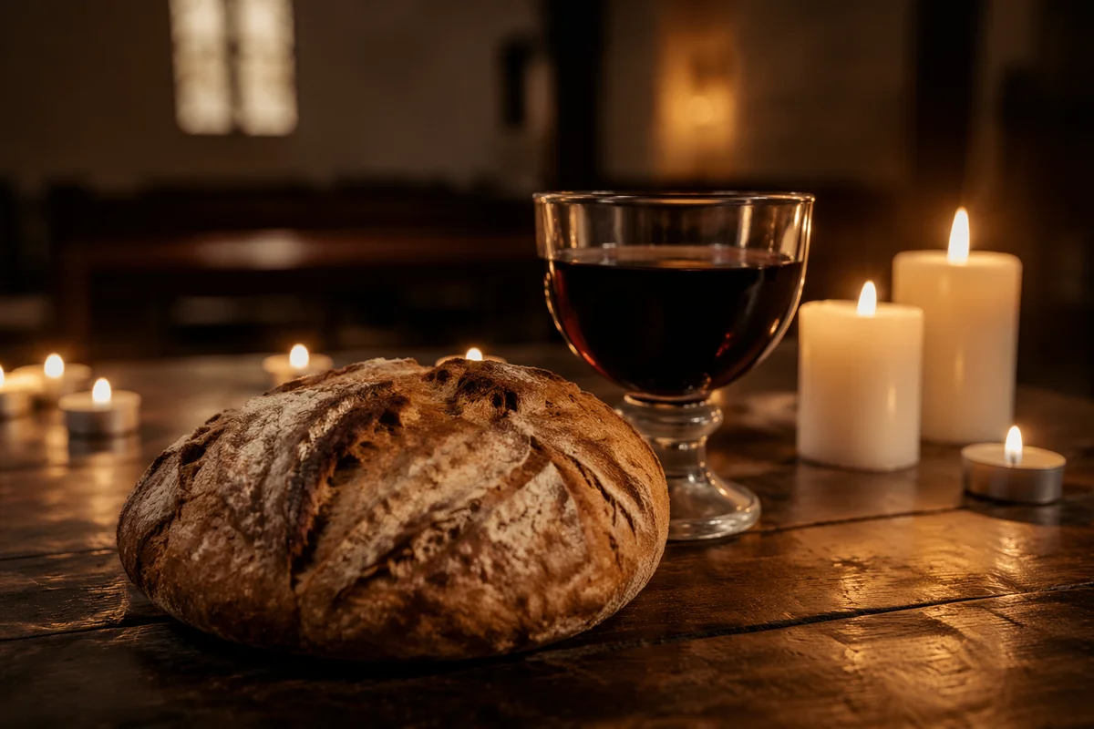 Candlelit Communion Table with Bread and Chalice