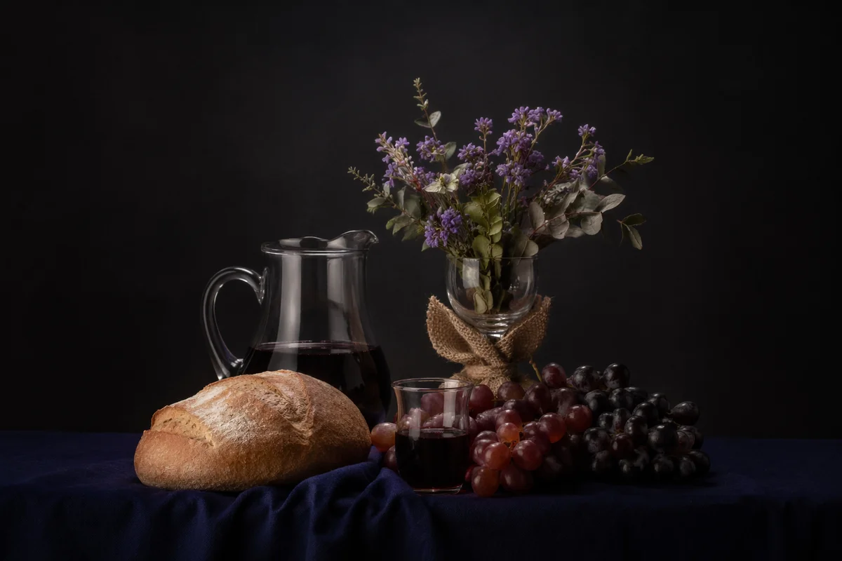 Reverent Communion Table with Bread Wine and Chalice
