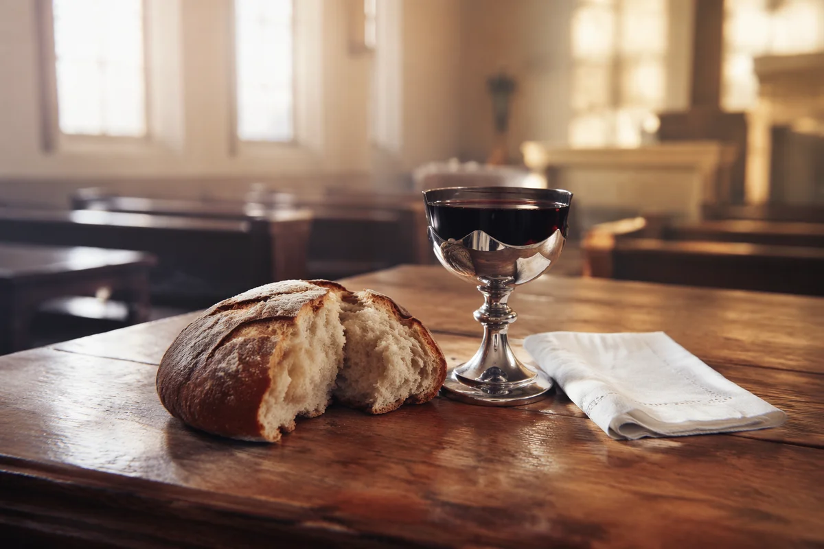 Reverent Communion Table with Bread and Chalice