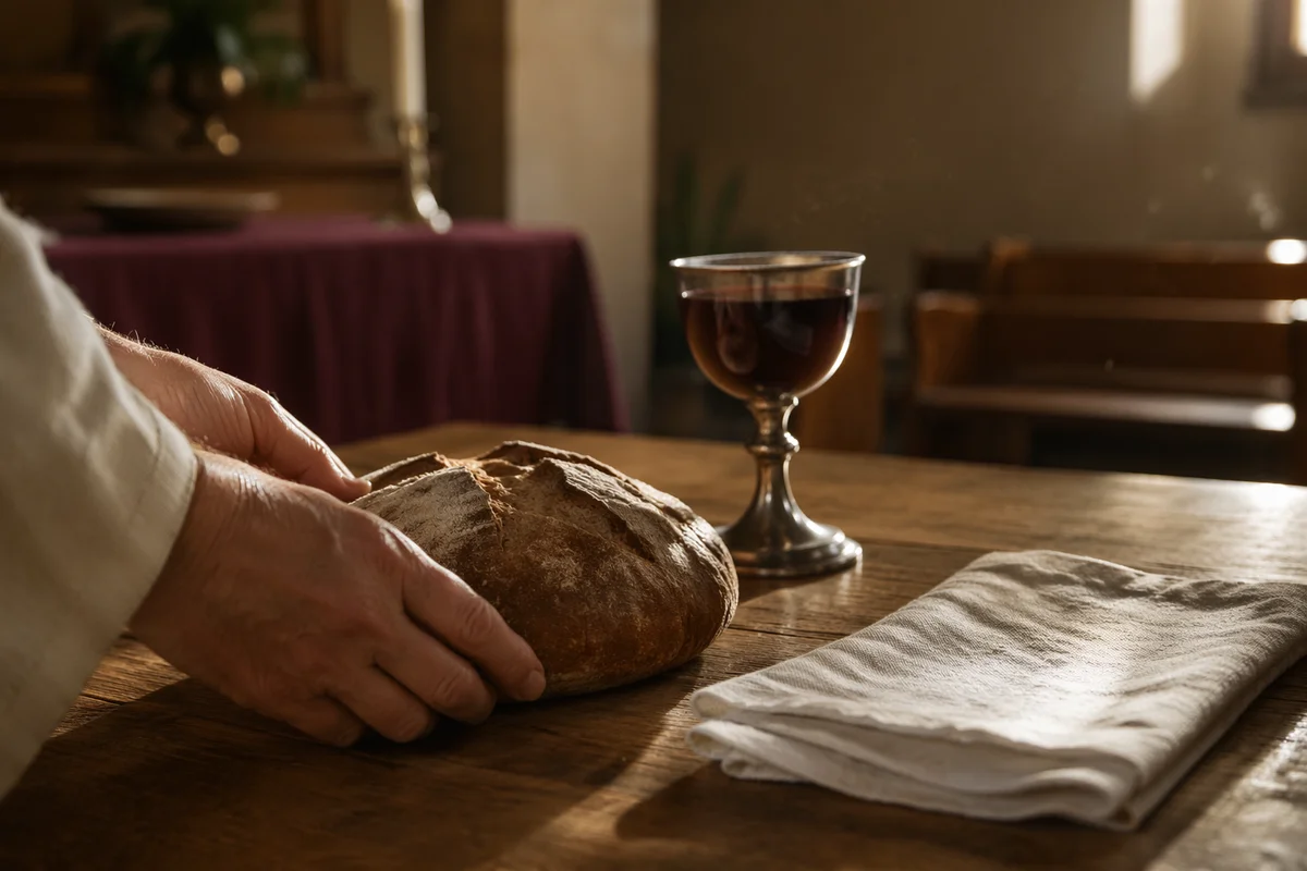 Rustic Communion Table with Bread and Chalice