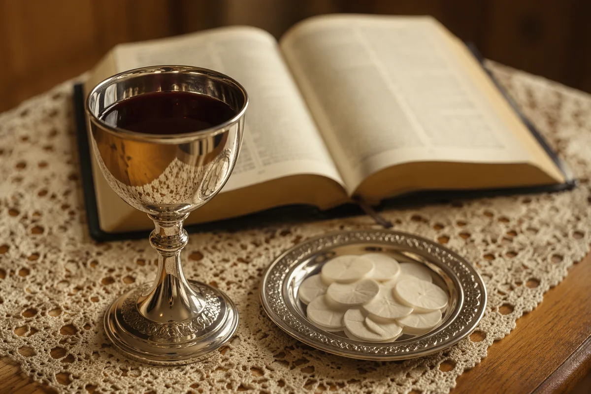 Reverent Communion Table With Chalice and Wafers