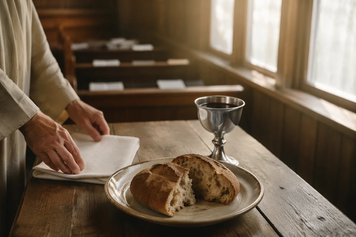 Communion Bread and Chalice in Wooden Chapel