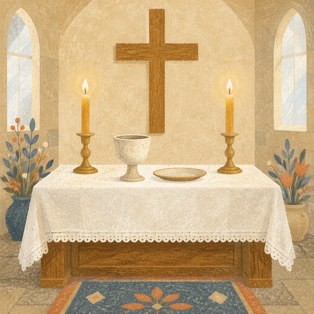 Reverent Communion Table with Cross and Candles