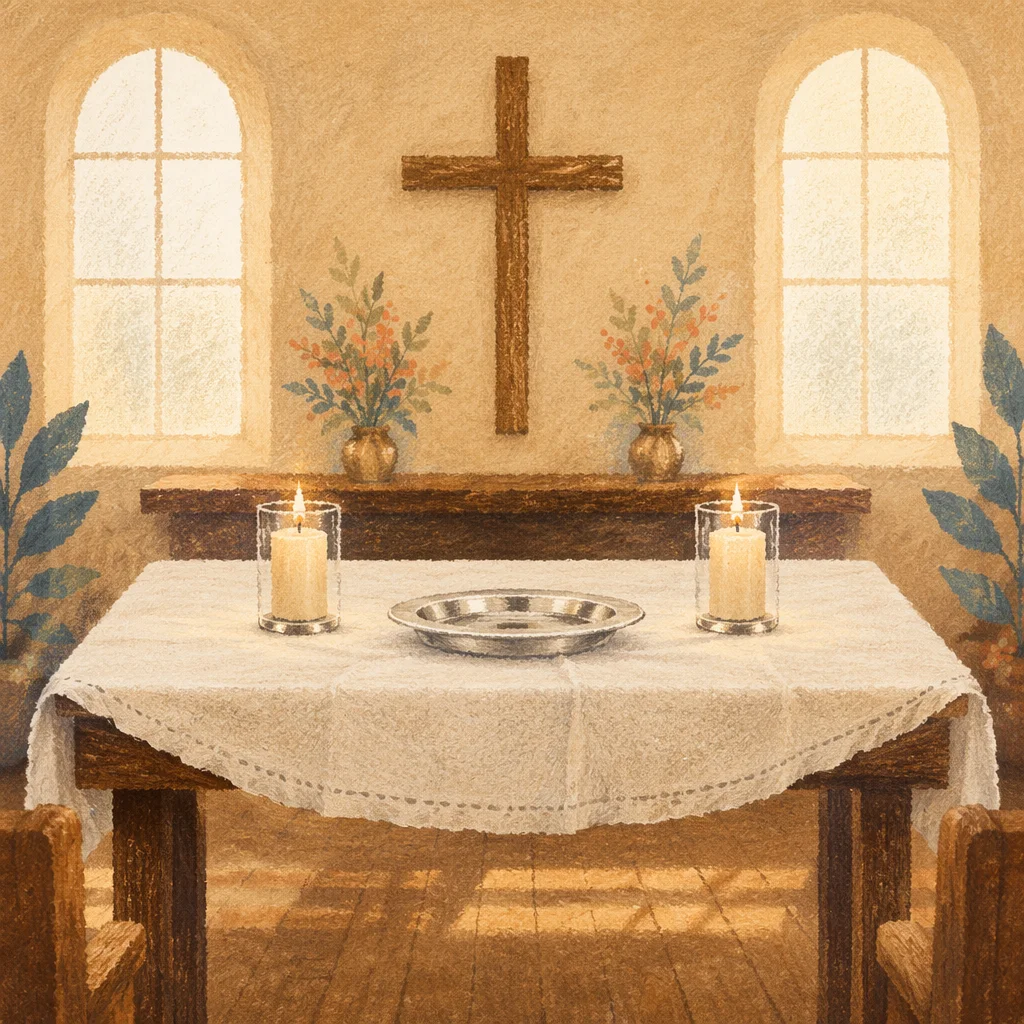Reverent Communion Table with Cross and Candles