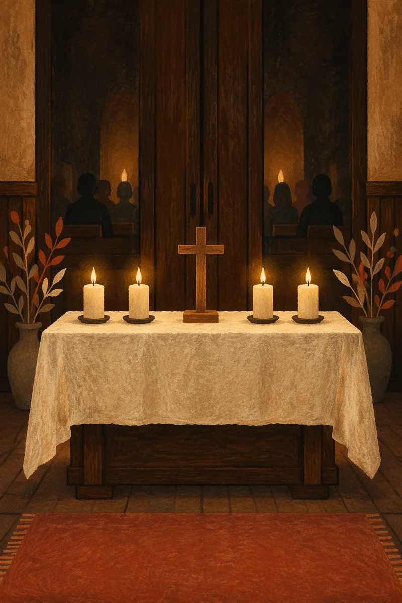 Reverent Communion Table with Cross and Candles