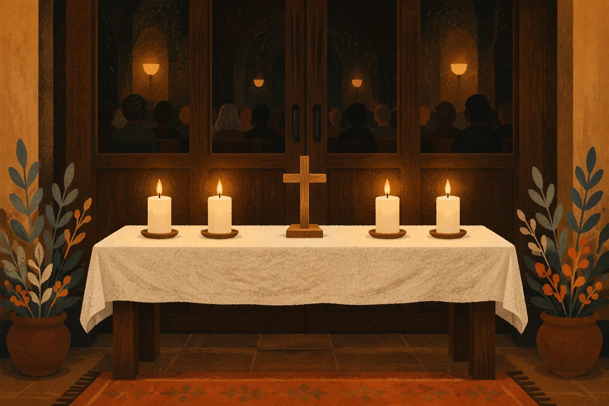 Reverent Communion Table with Cross and Candles