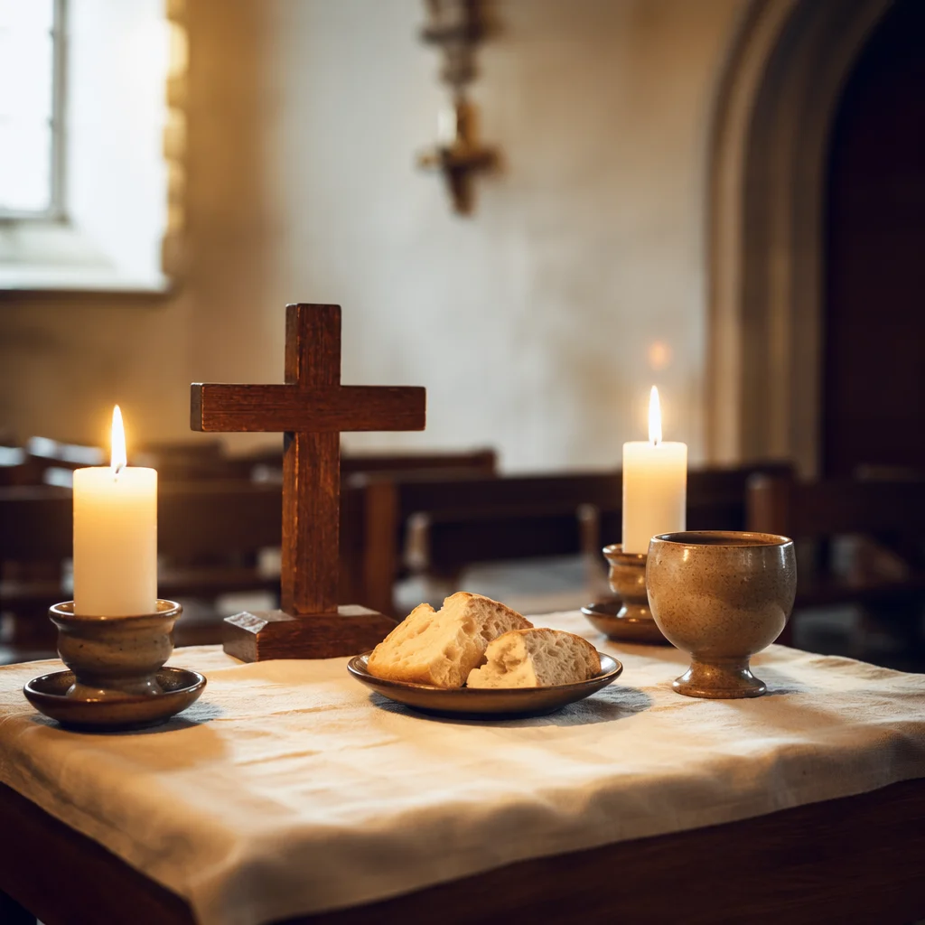 Reverent Communion Table with Cross and Candles