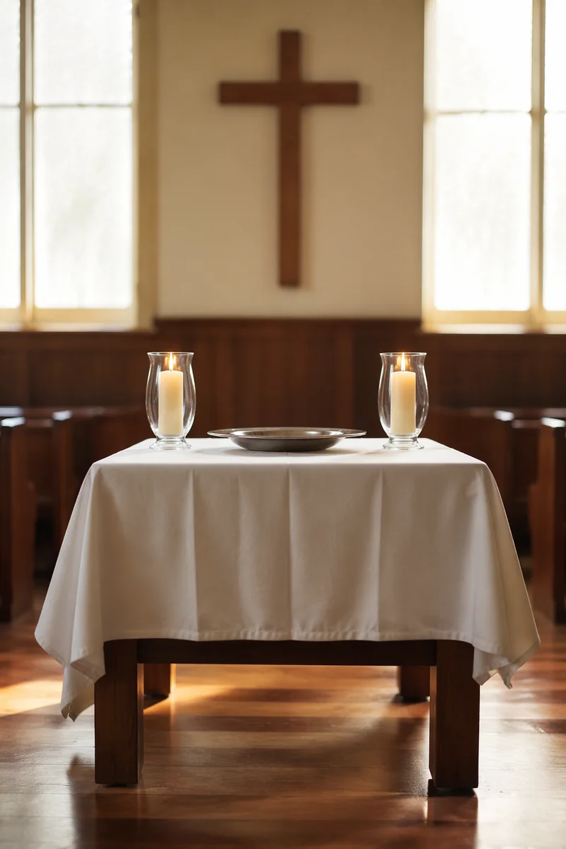 Reverent Communion Table with Cross and Candles