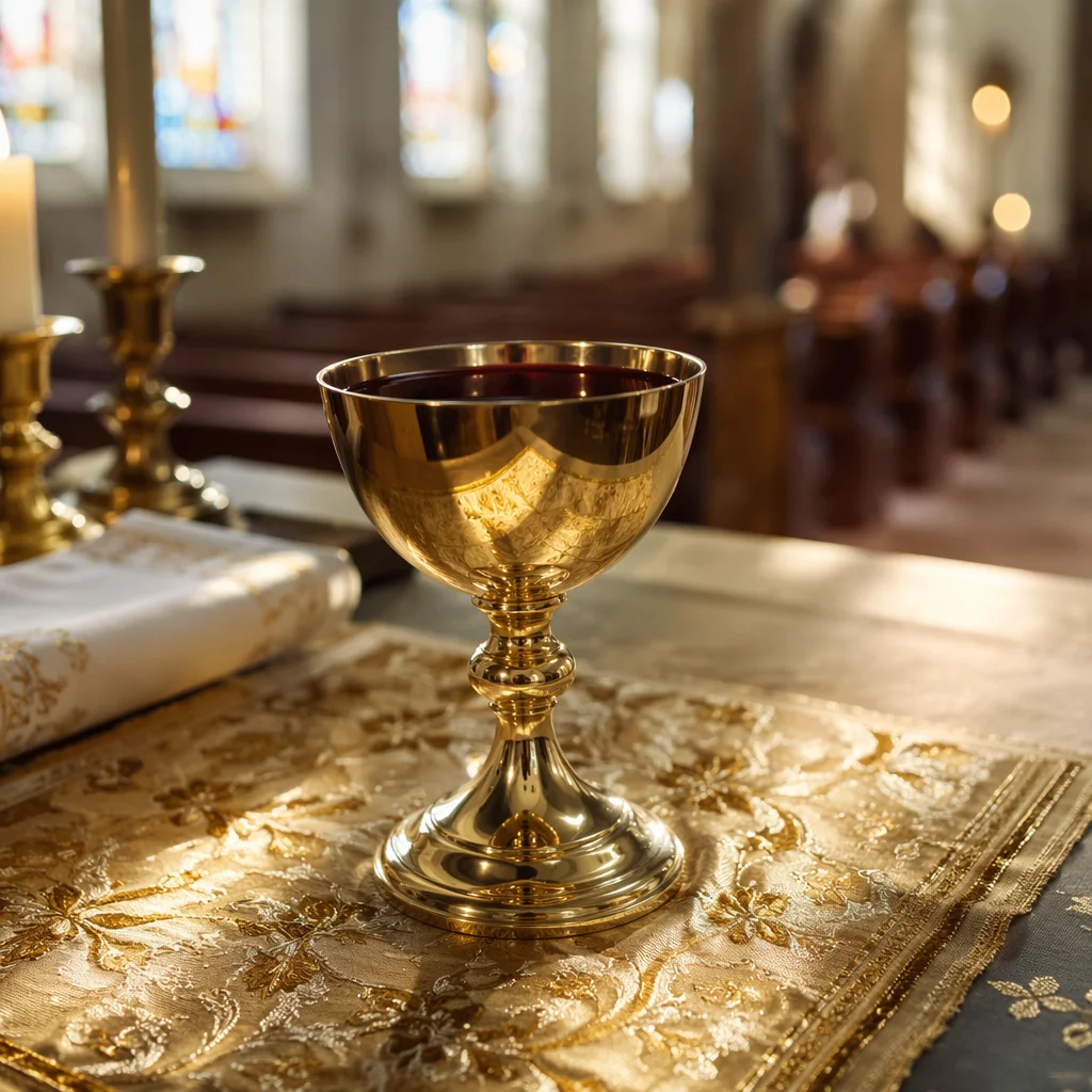 Golden Communion Chalice on Altar Cloth