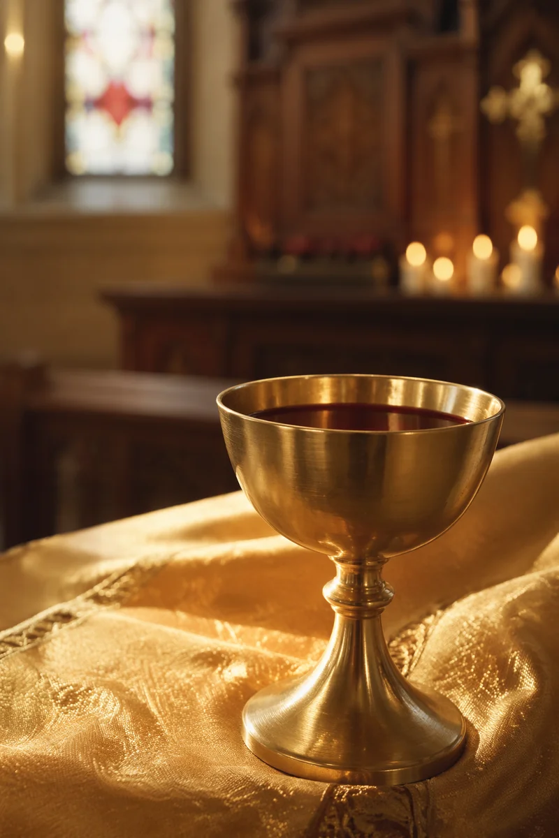 Golden Communion Chalice on Altar Cloth