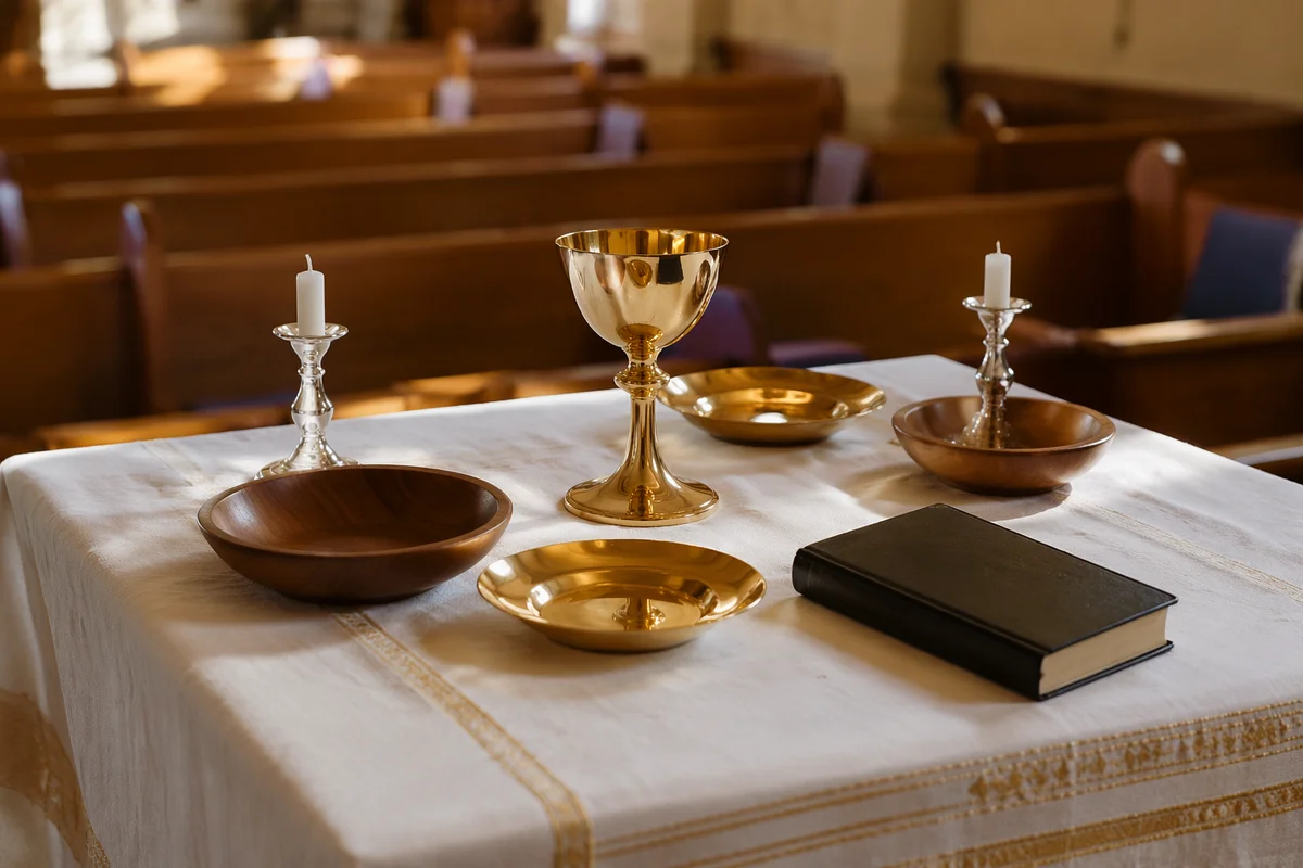Golden Communion Chalice on White Altar