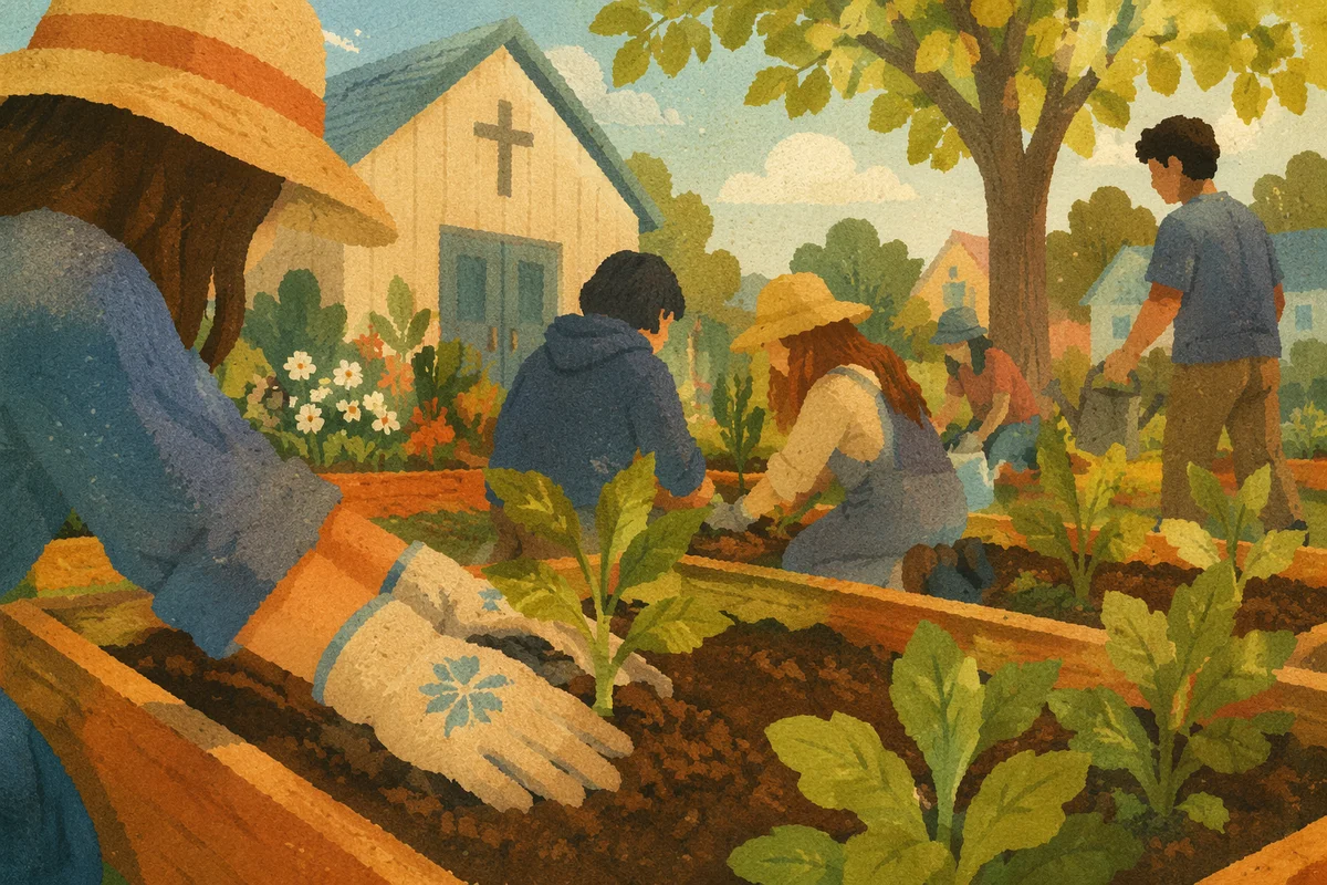 Church Community Garden Volunteers Planting Seedlings