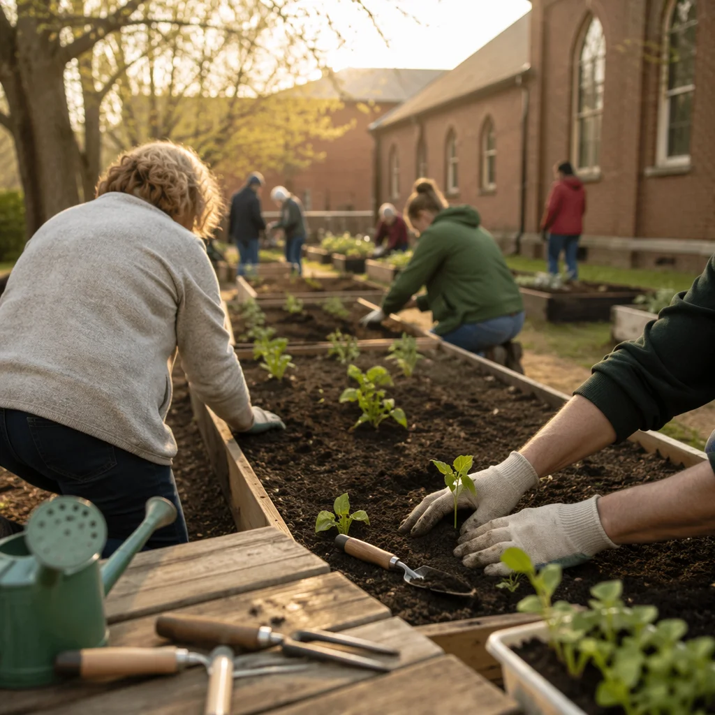 Church Volunteers Planting in Community Garden
